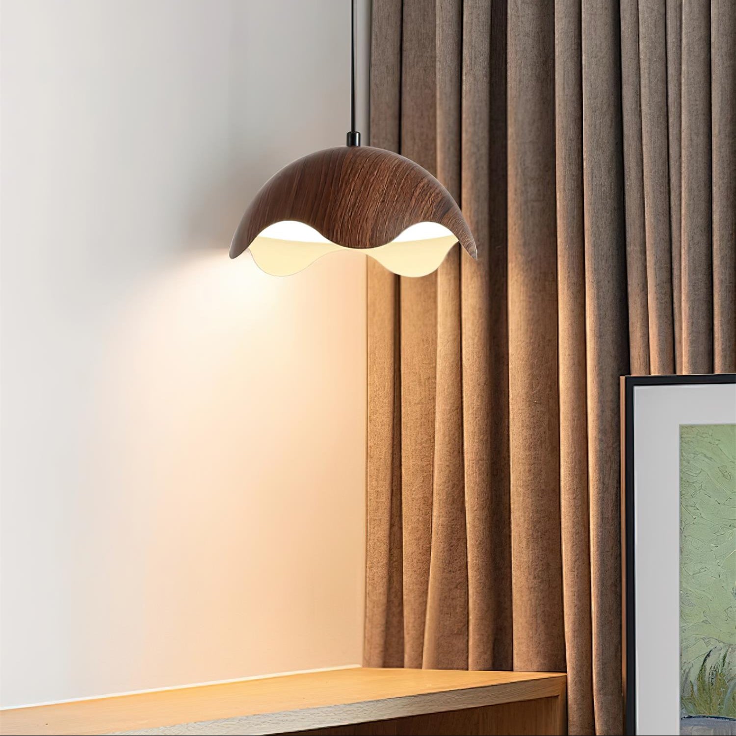 Pendant Lamp Wood-Grain Shade Wave Ambient Minimalist - Letslighting