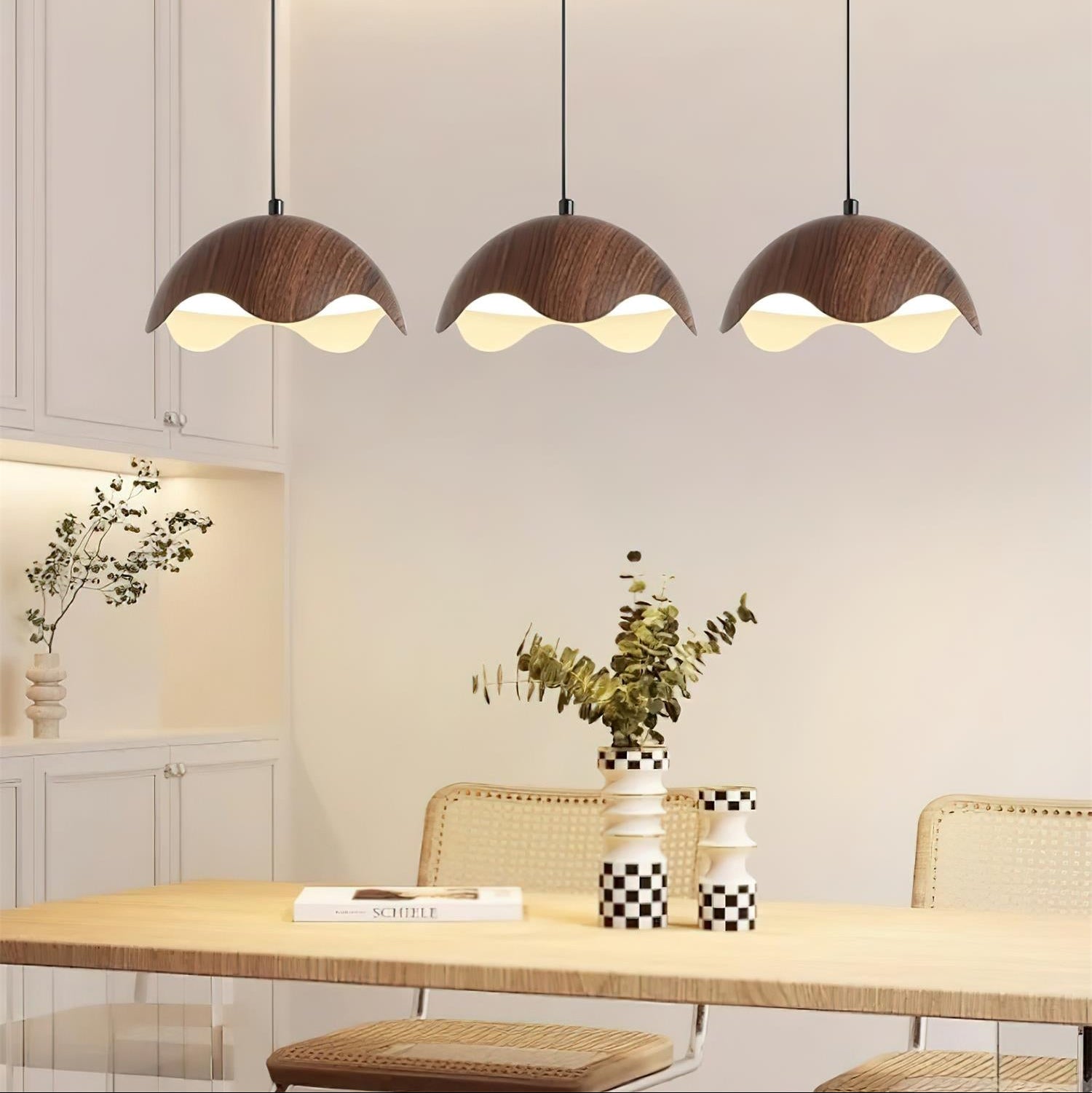 Pendant Lamp Wood-Grain Shade Wave Ambient Minimalist - Letslighting