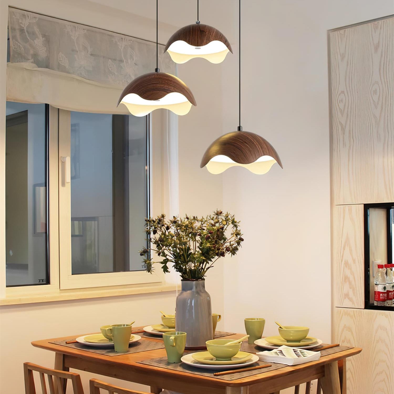 Pendant Lamp Wood-Grain Shade Wave Ambient Minimalist - Letslighting