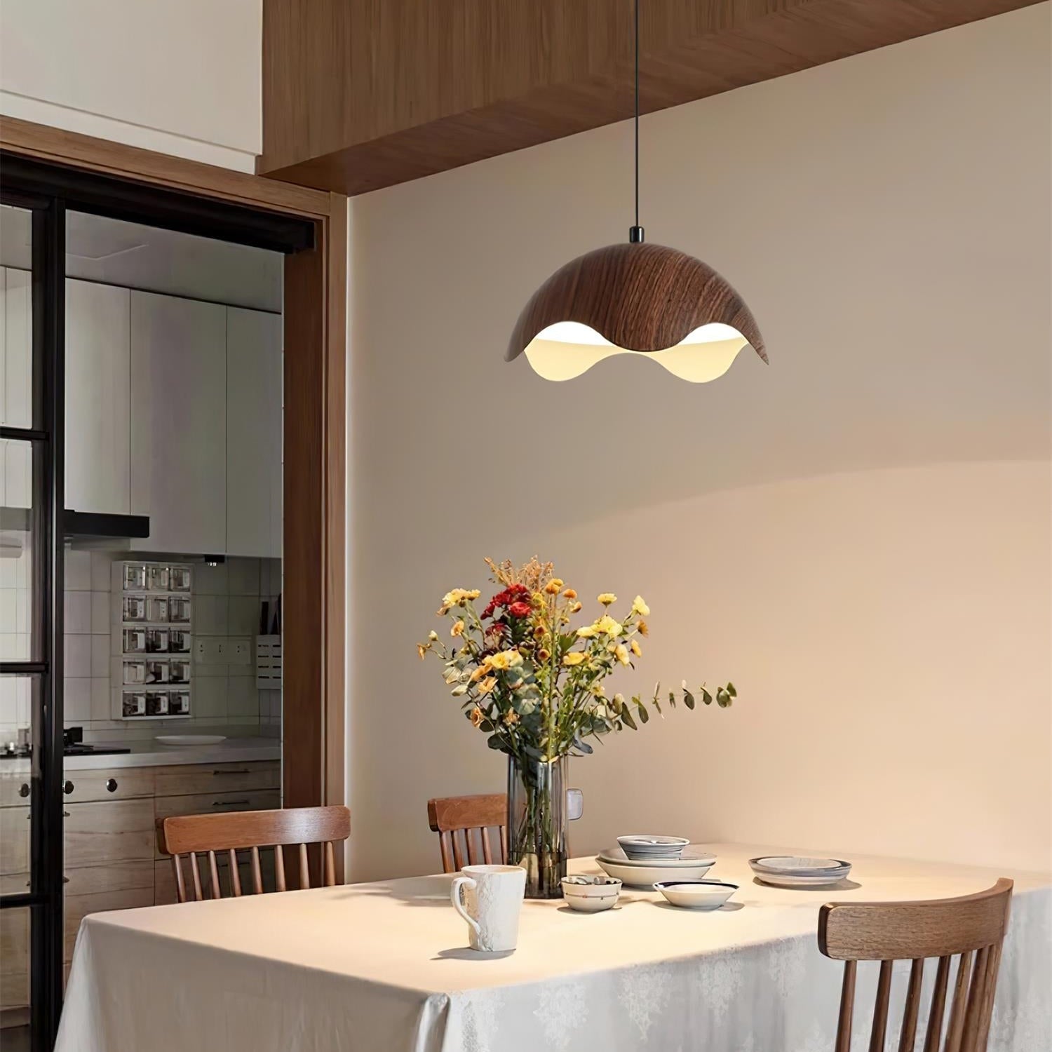 Pendant Lamp Wood-Grain Shade Wave Ambient Minimalist - Letslighting