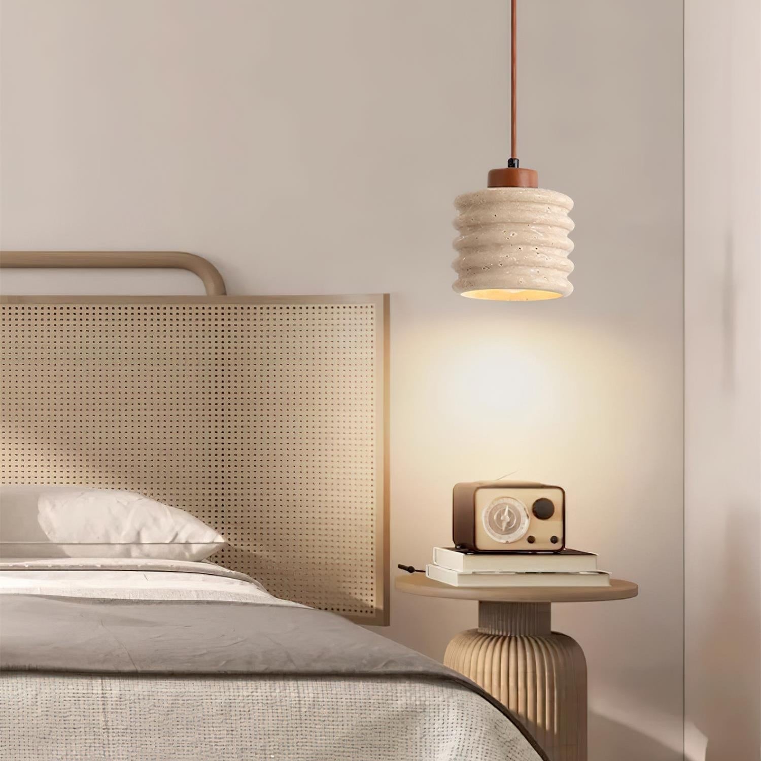 Pendant Lamp Travertine Ripple Shade Walnut Wood Organic Wabi-Sabi - Letslighting