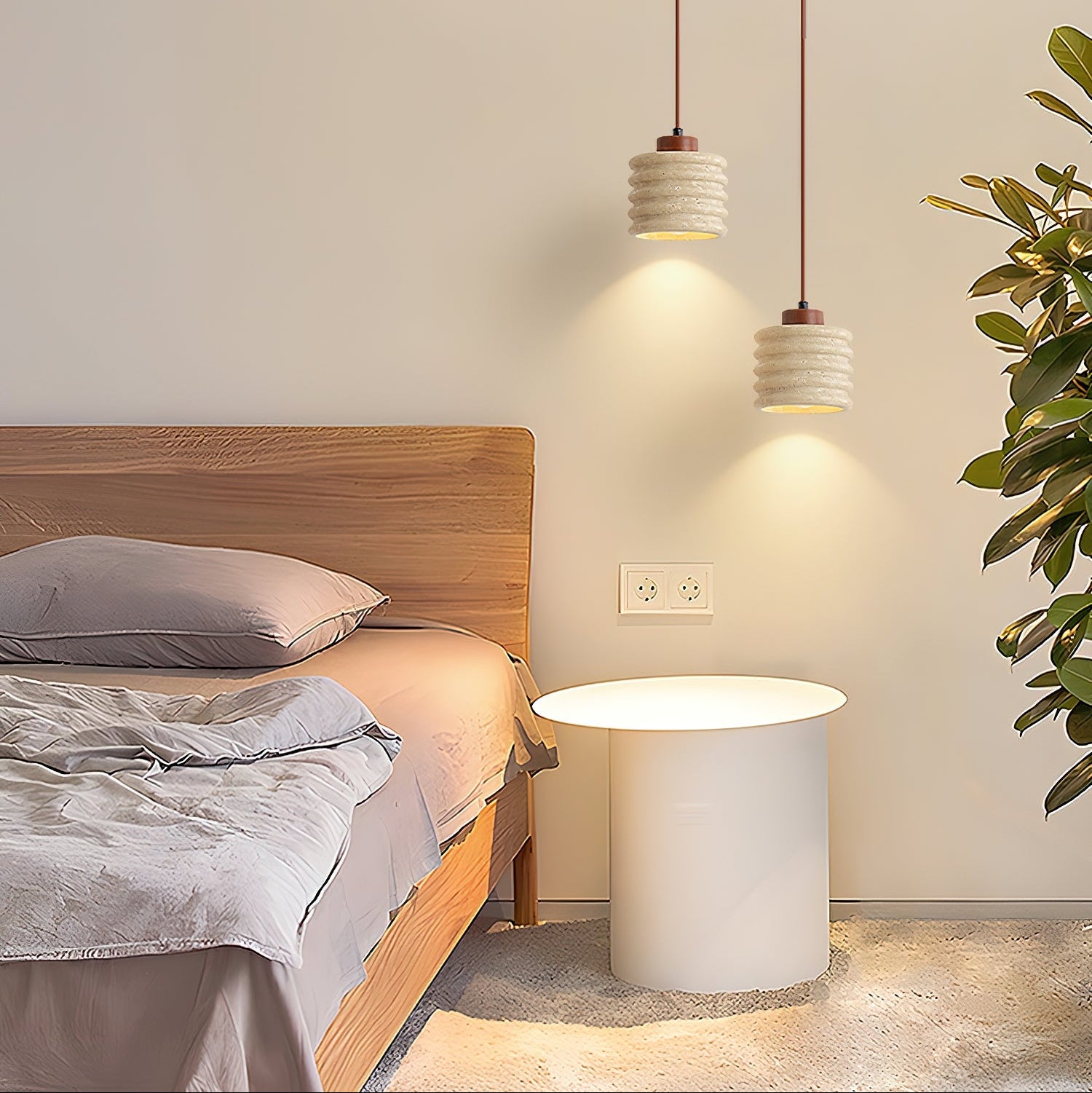 Pendant Lamp Travertine Ripple Shade Walnut Wood Organic Wabi-Sabi - Letslighting