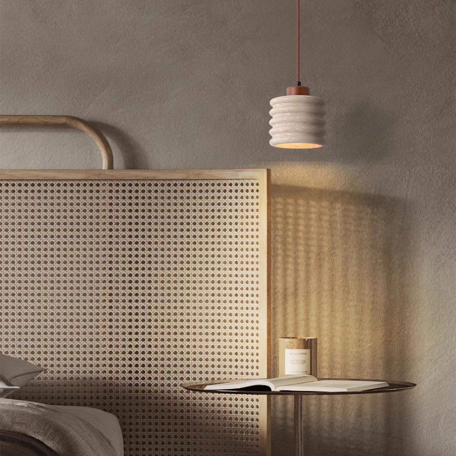 Pendant Lamp Travertine Ripple Shade Walnut Wood Organic Wabi-Sabi - Letslighting