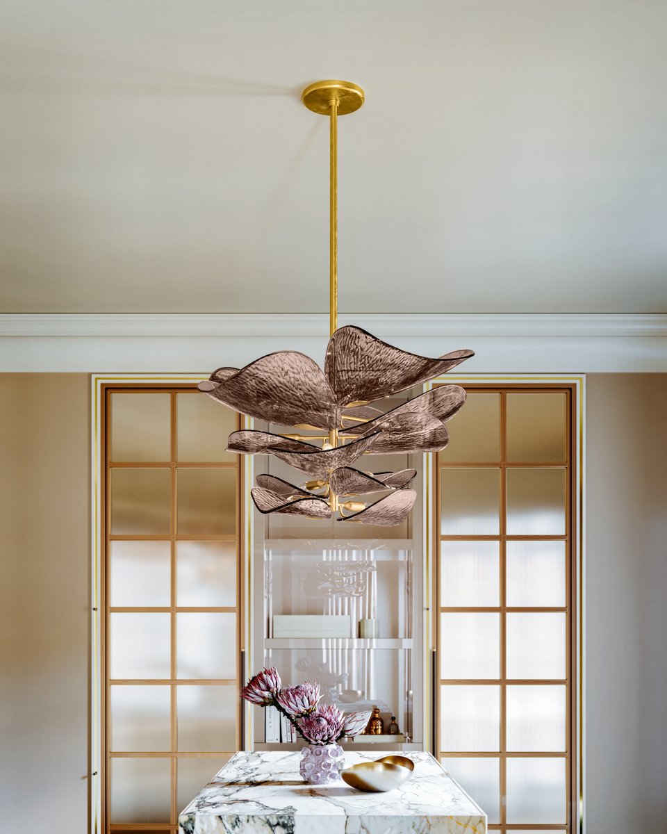 Aurora Chandelier Cardiff Piastra Glass Petal Layered Bronze
