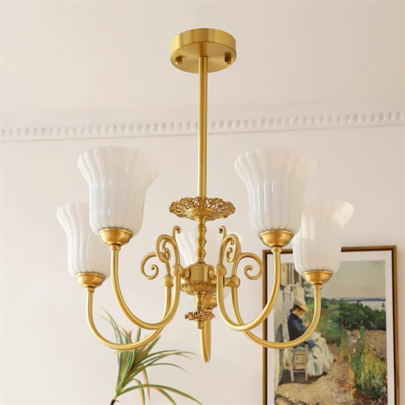 Chandelier with Brass Arms White Glass Shades Opulent Luxe - Letslighting
