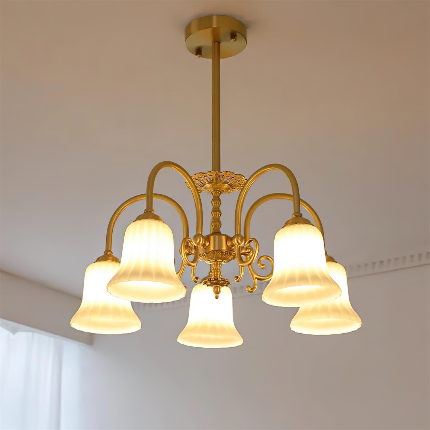 Chandelier with Brass Arms White Glass Shades Opulent Luxe - Letslighting