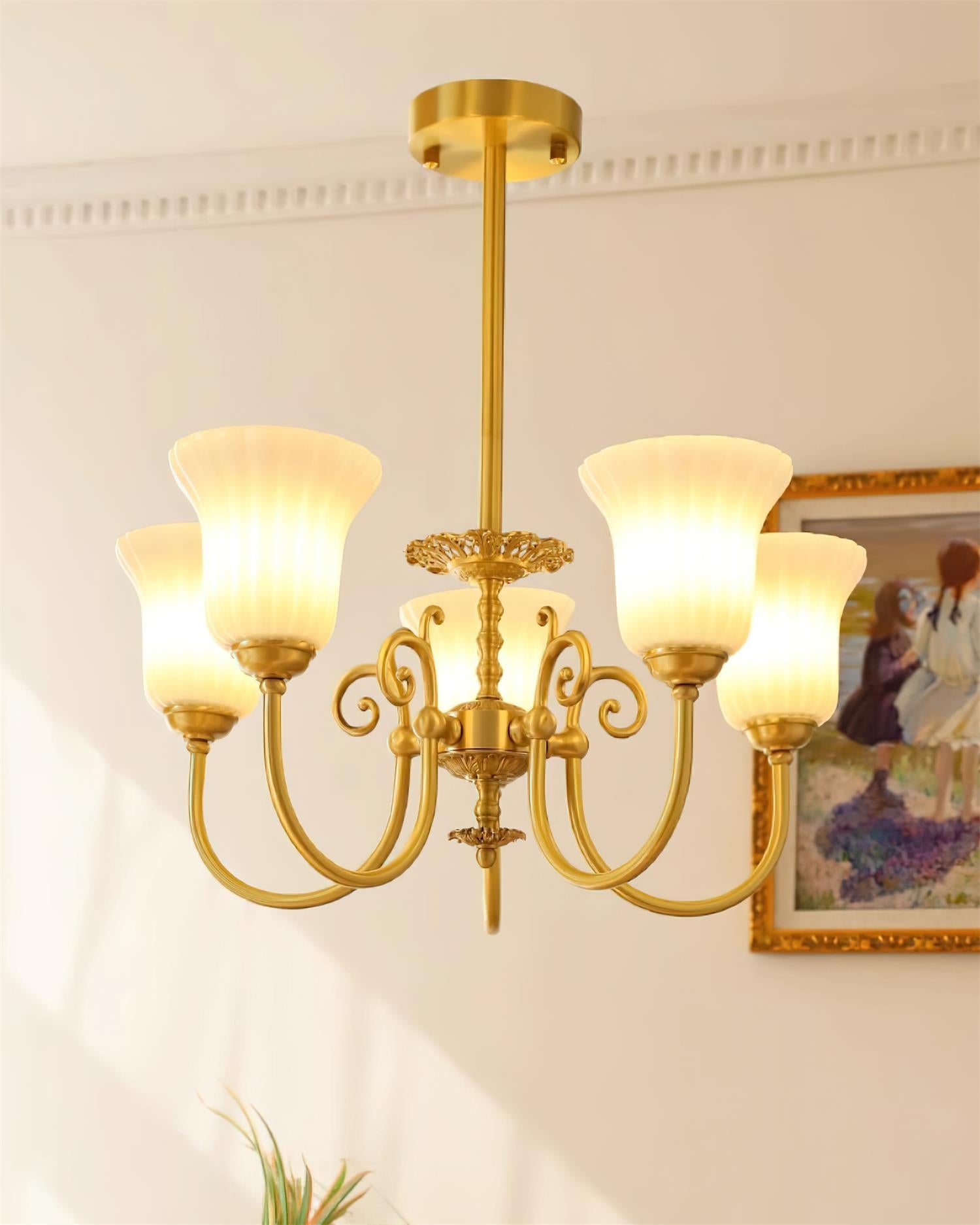 Chandelier with Brass Arms White Glass Shades Opulent Luxe - Letslighting