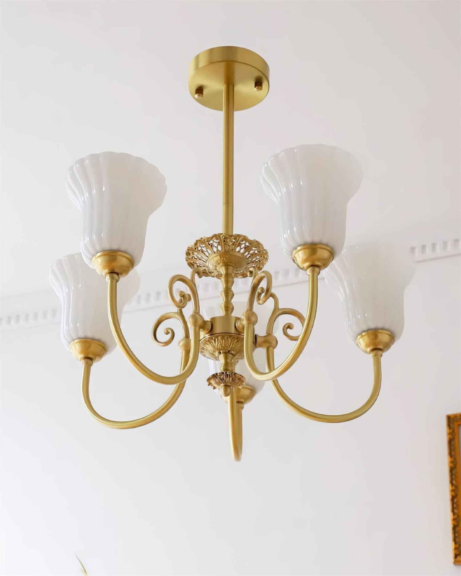 Chandelier with Brass Arms White Glass Shades Opulent Luxe - Letslighting