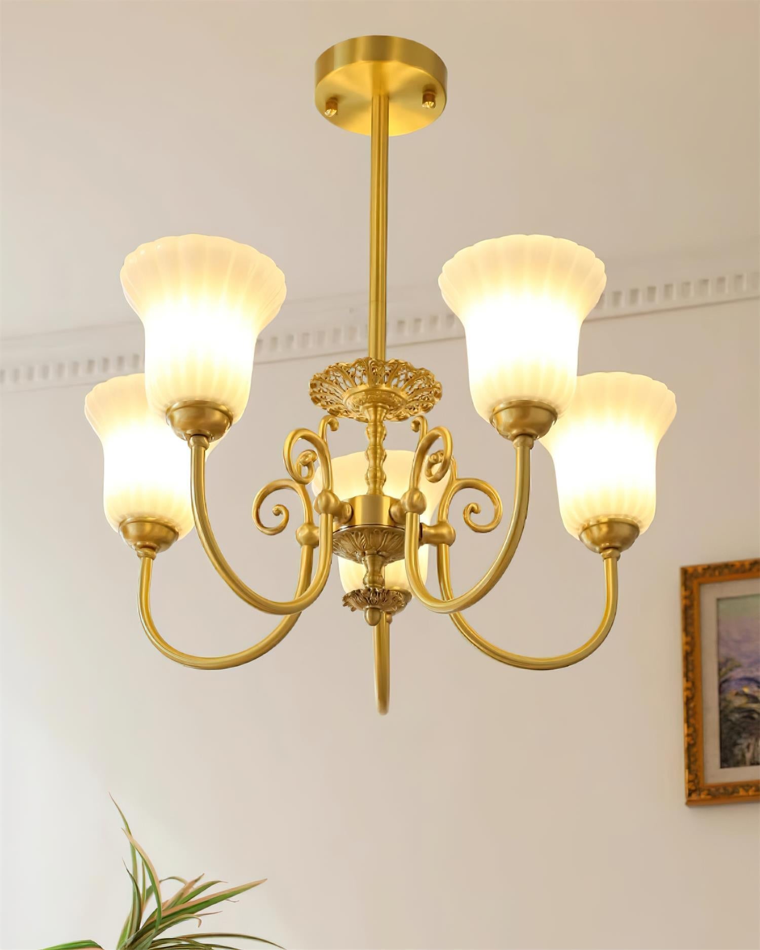 Chandelier with Brass Arms White Glass Shades Opulent Luxe - Letslighting