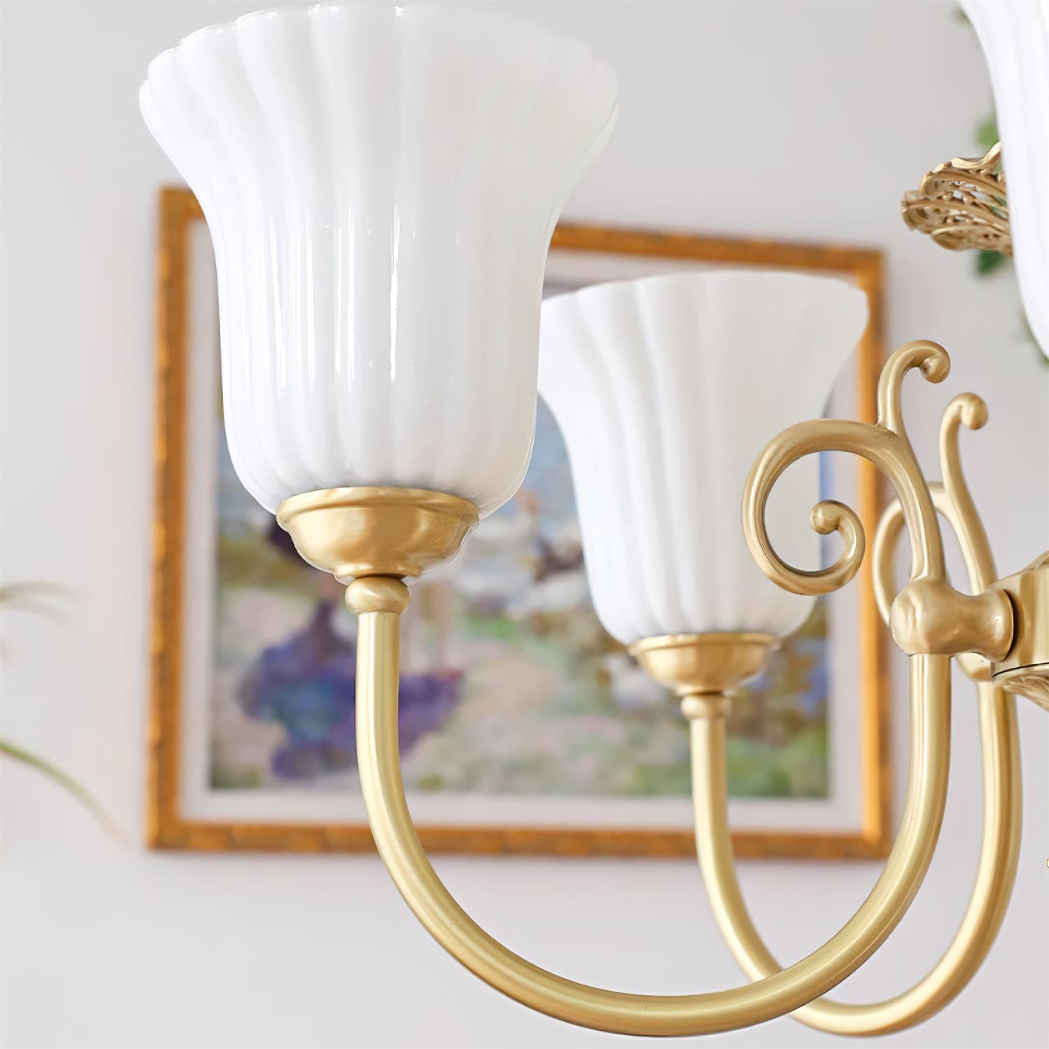 Chandelier with Brass Arms White Glass Shades Opulent Luxe - Letslighting