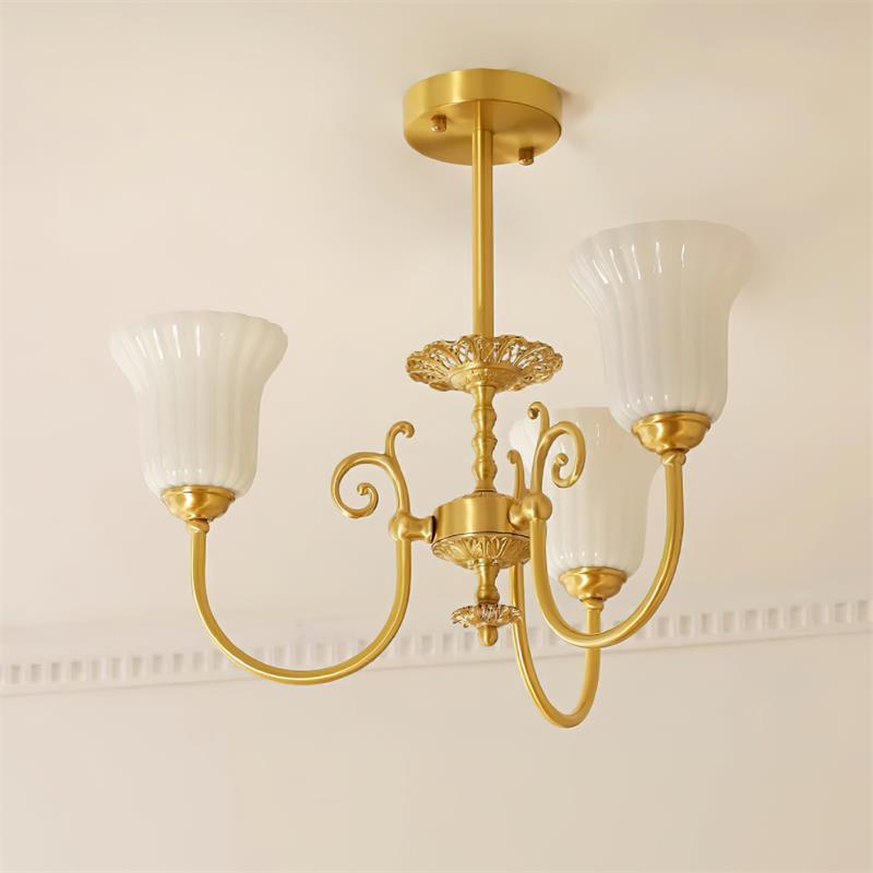 Chandelier with Brass Arms White Glass Shades Opulent Luxe - Letslighting