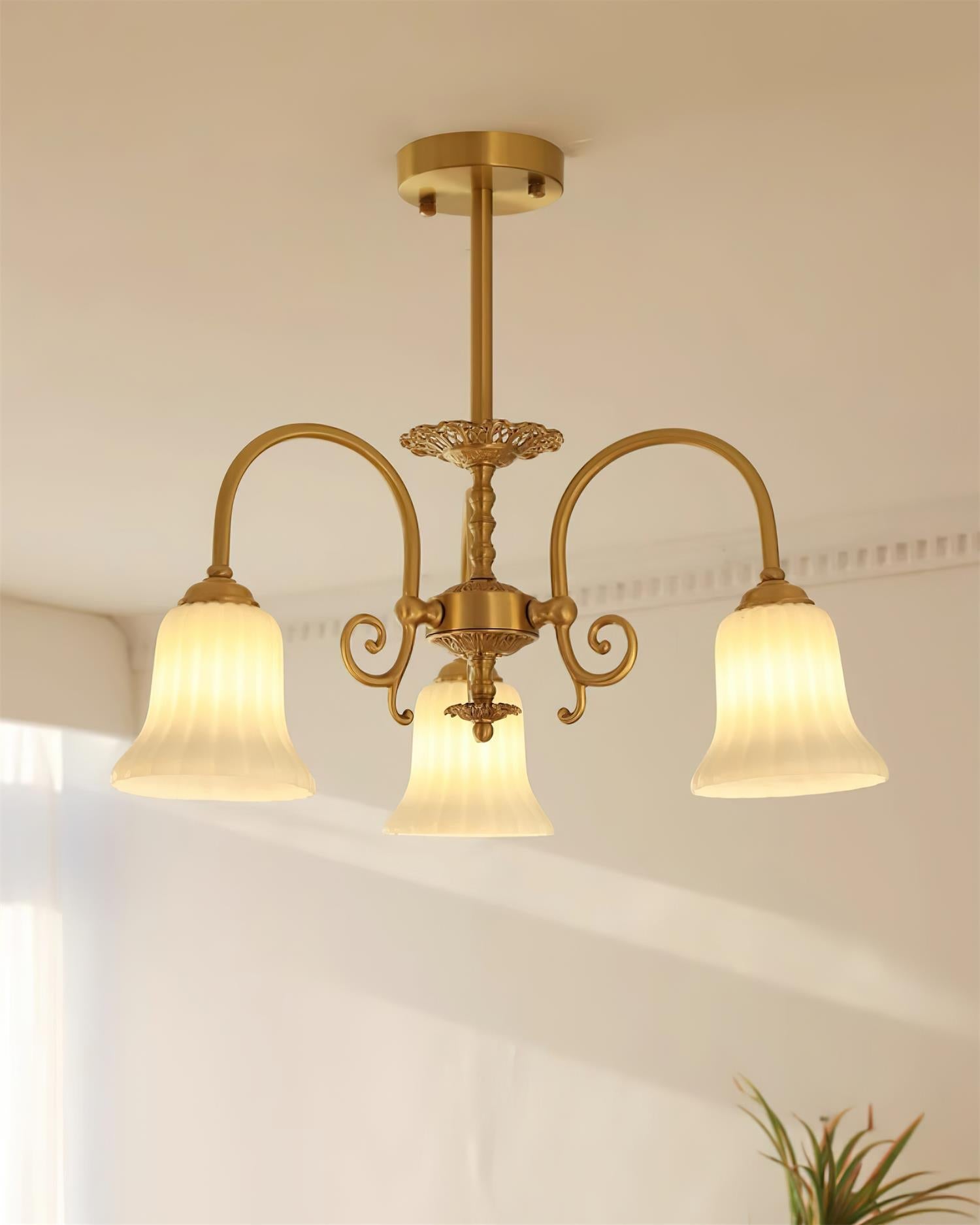 Chandelier with Brass Arms White Glass Shades Opulent Luxe - Letslighting