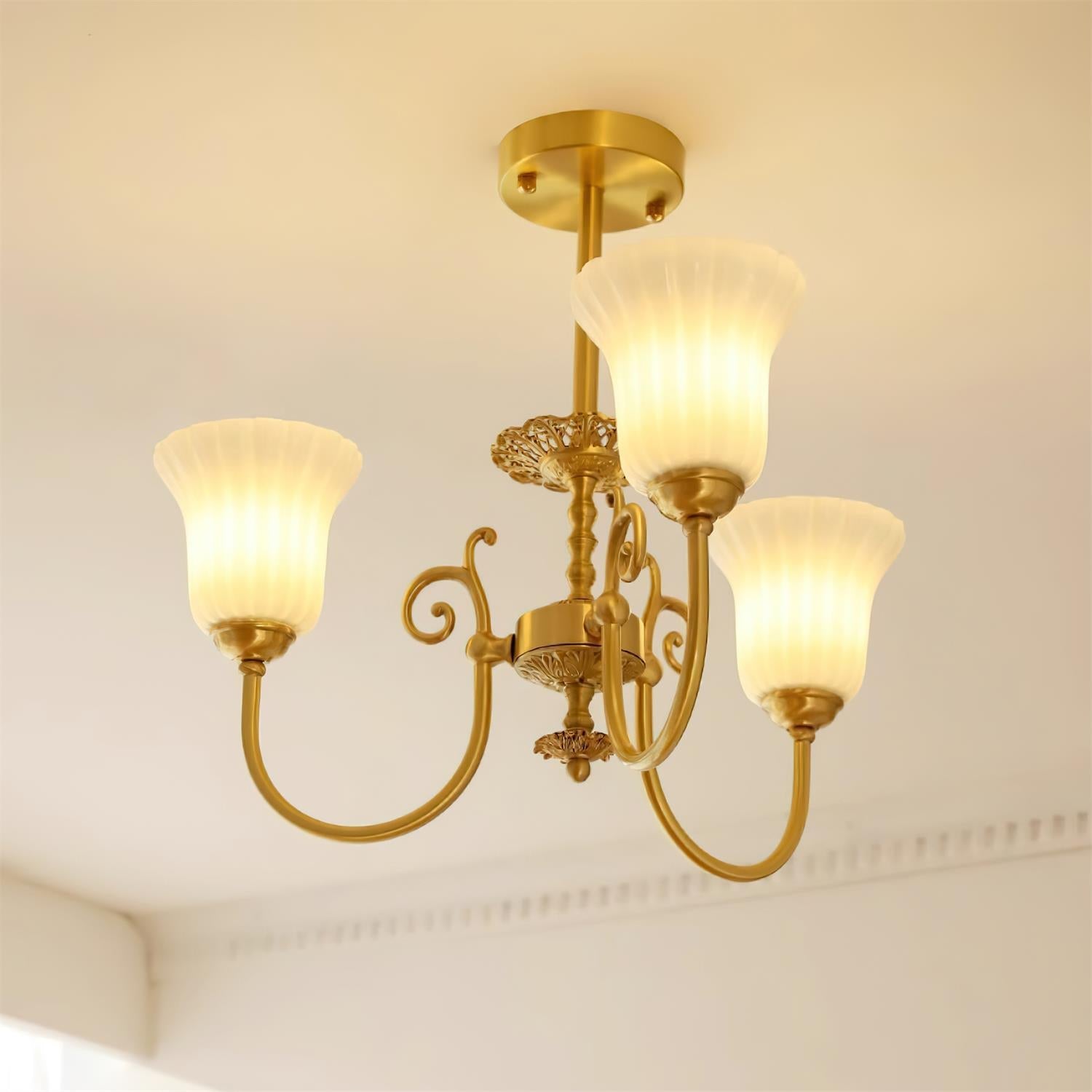 Chandelier with Brass Arms White Glass Shades Opulent Luxe - Letslighting