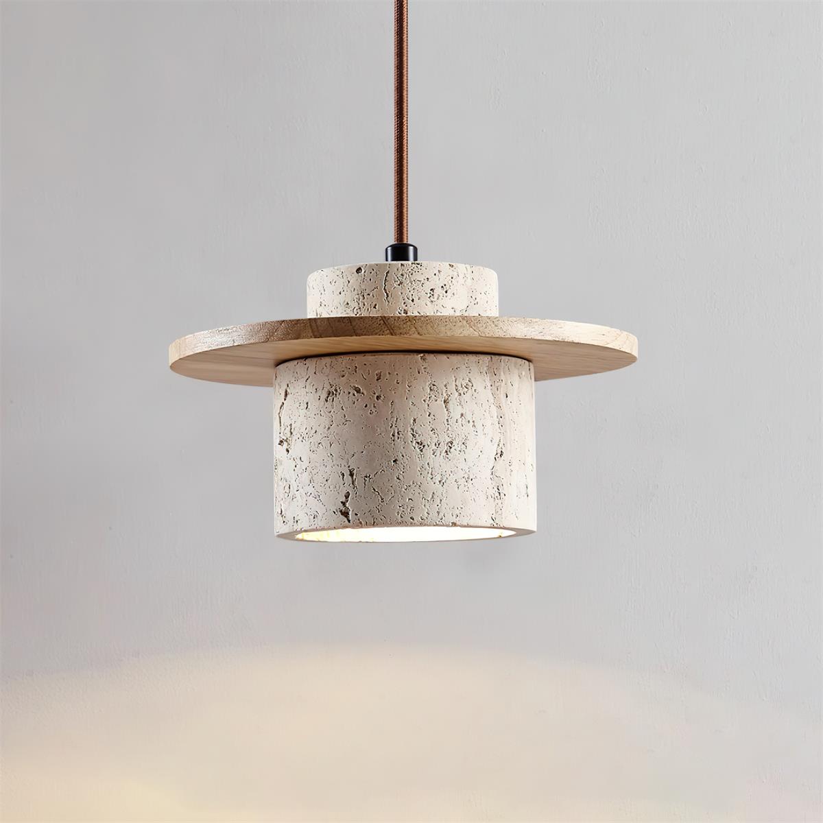 Pendant Lamp Travertine Cylinder Walnut Wood Disc Artisanal - Letslighting