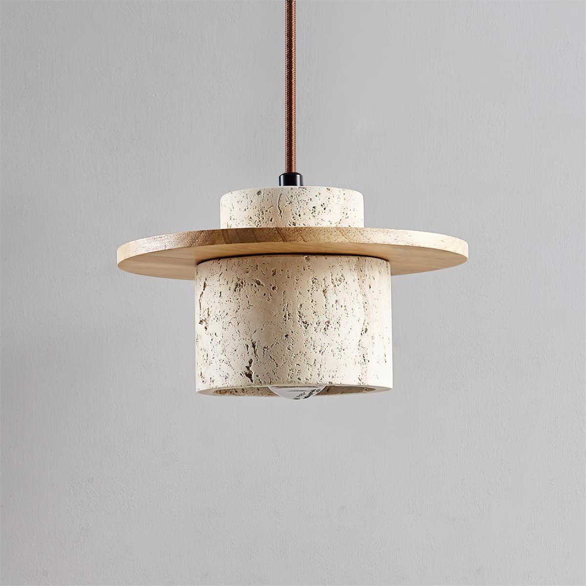 Pendant Lamp Travertine Cylinder Walnut Wood Disc Artisanal - Letslighting