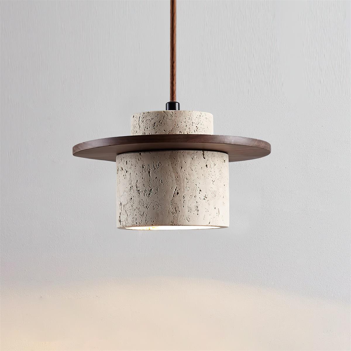 Pendant Lamp Travertine Cylinder Walnut Wood Disc Artisanal - Letslighting