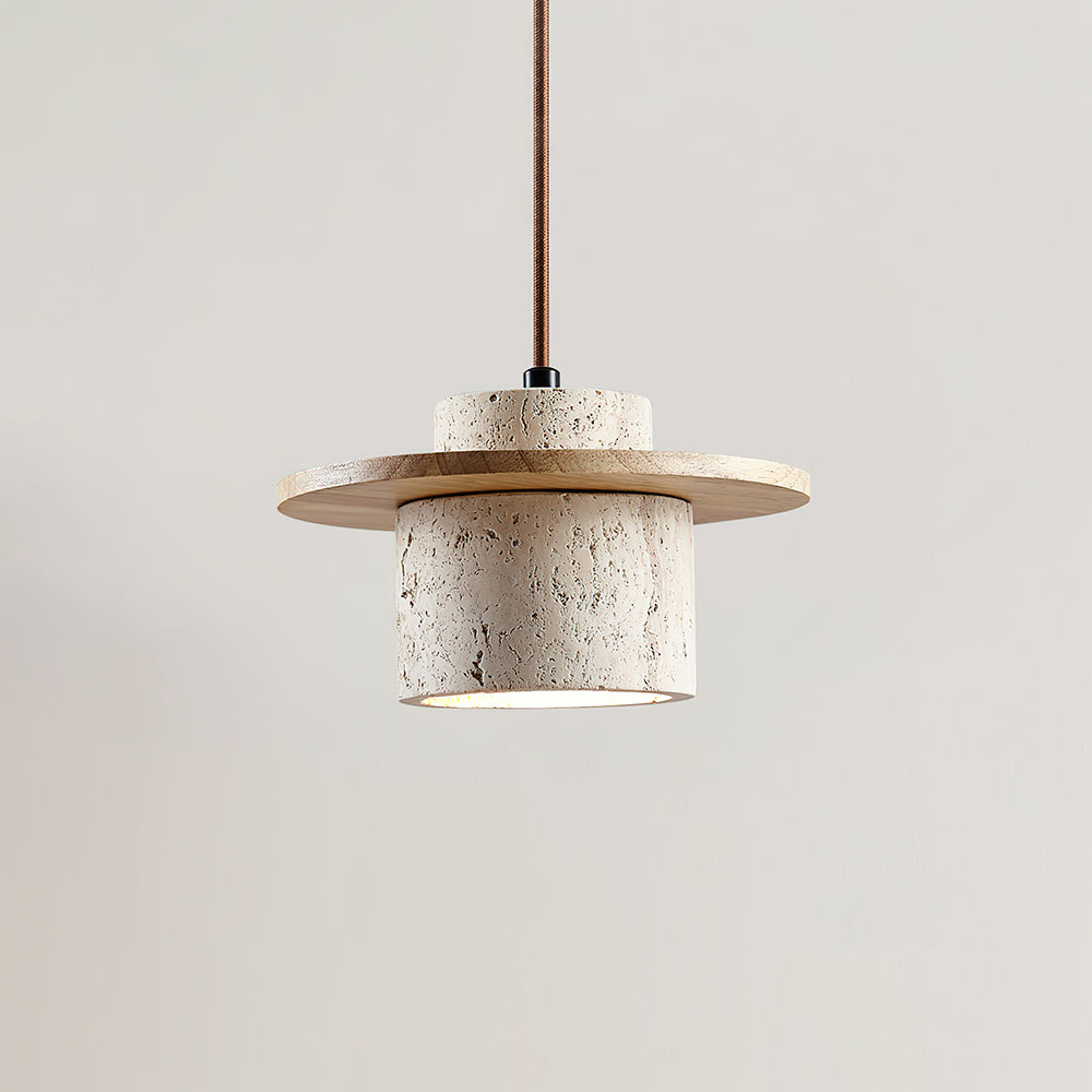 Pendant Lamp Travertine Cylinder Walnut Wood Disc Artisanal - Letslighting