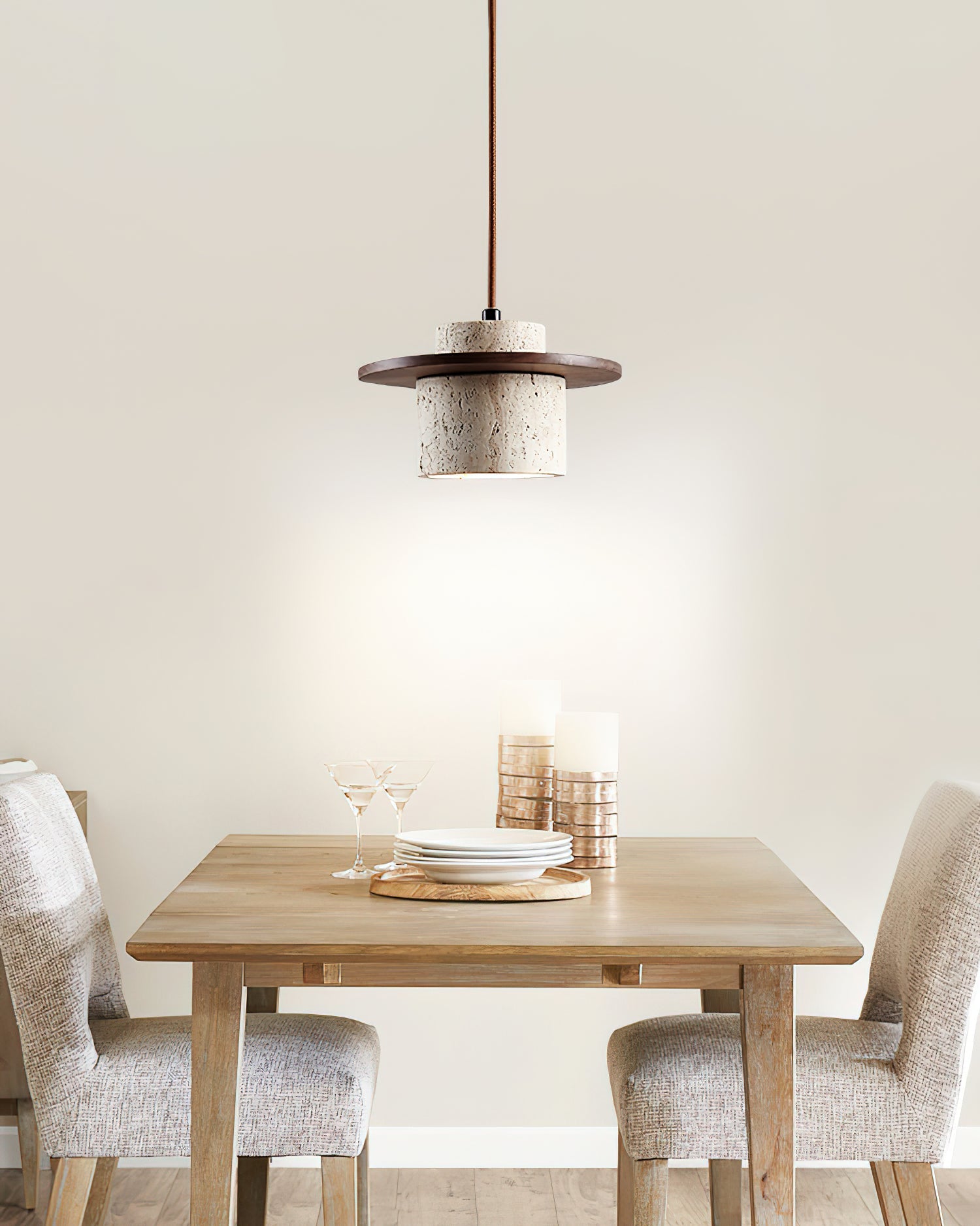 Pendant Lamp Travertine Cylinder Walnut Wood Disc Artisanal - Letslighting