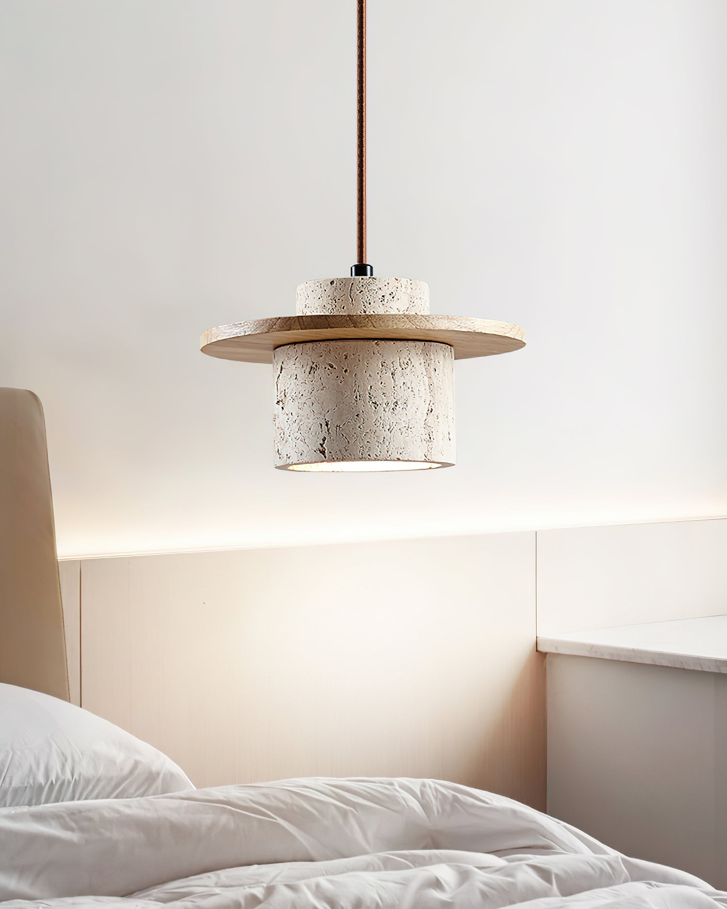 Pendant Lamp Travertine Cylinder Walnut Wood Disc Artisanal - Letslighting