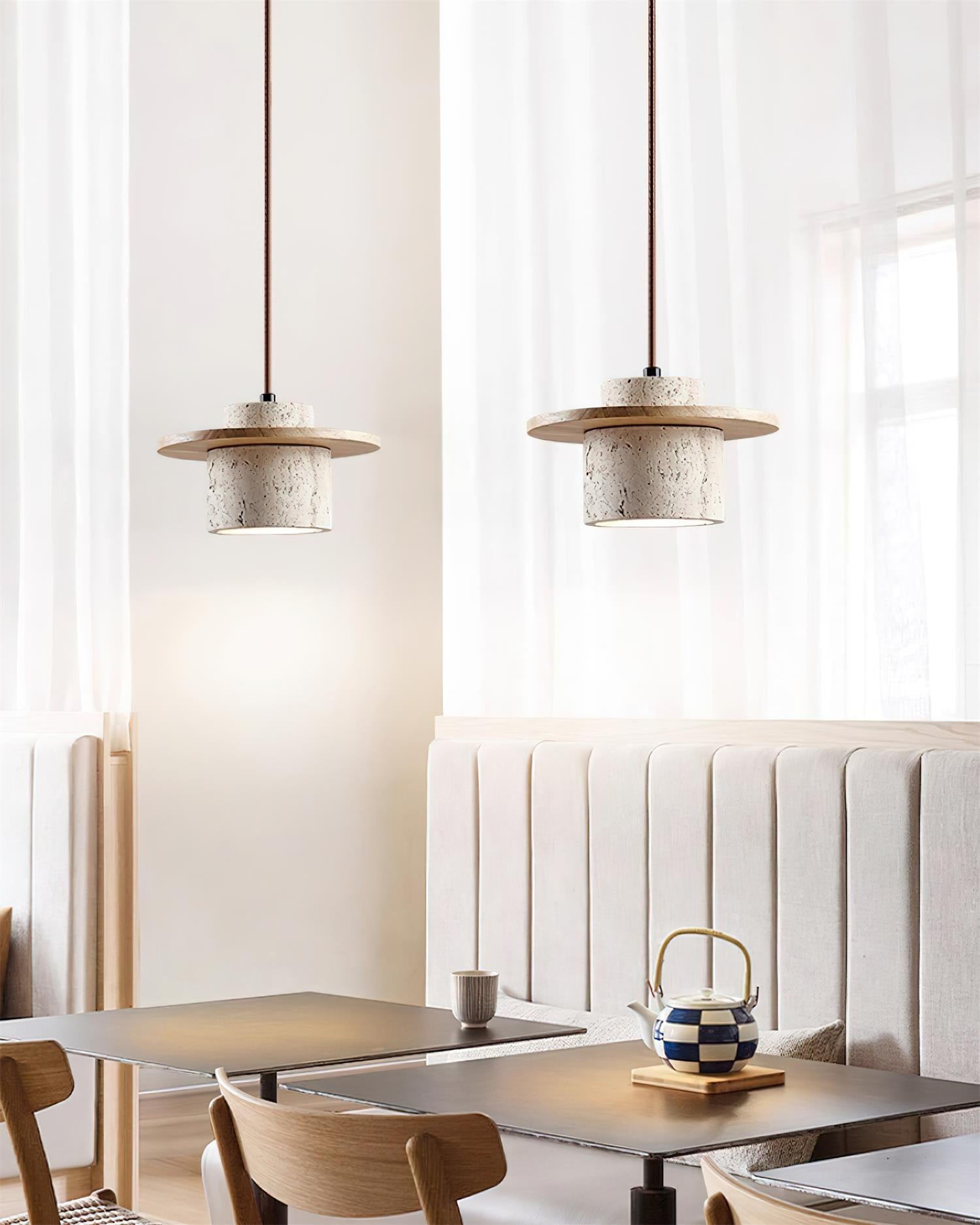 Pendant Lamp Travertine Cylinder Walnut Wood Disc Artisanal - Letslighting