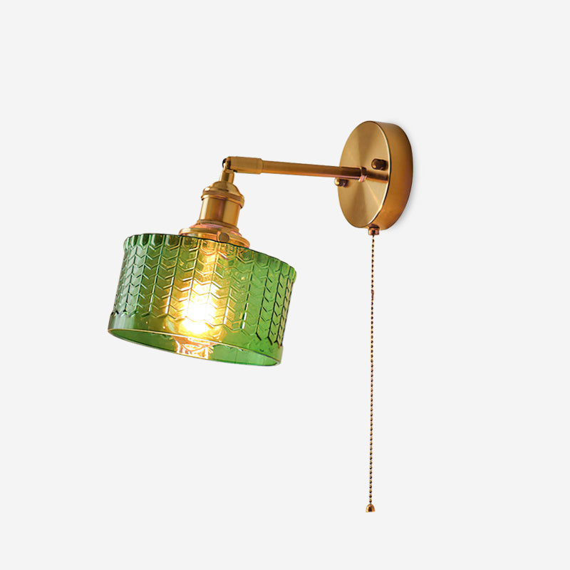 Wall Lamp Brass with Green/Clear Glass Shade and Pull Chain - Letslighting