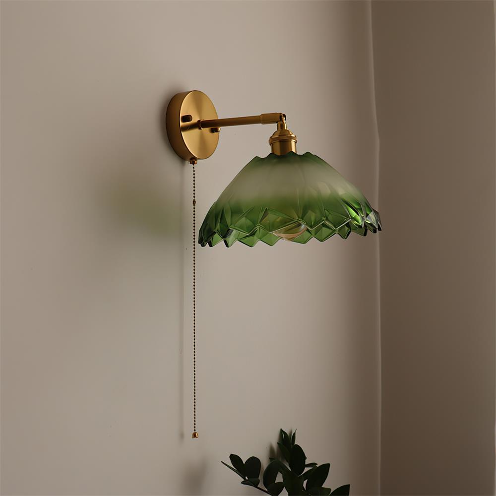 Wall Lamp Brass with Green/Clear Glass Shade and Pull Chain - Letslighting