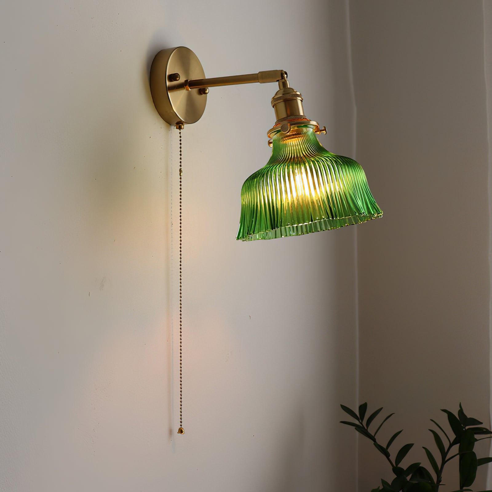 Wall Lamp Brass with Green/Clear Glass Shade and Pull Chain - Letslighting