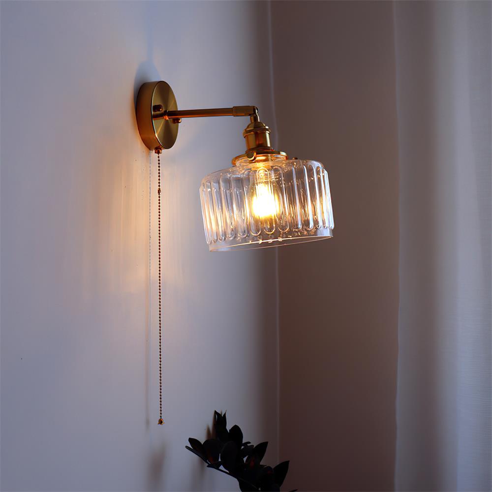 Wall Lamp Brass with Green/Clear Glass Shade and Pull Chain - Letslighting