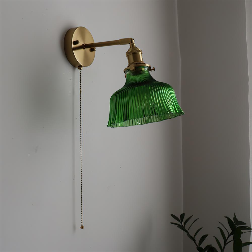 Wall Lamp Brass with Green/Clear Glass Shade and Pull Chain - Letslighting