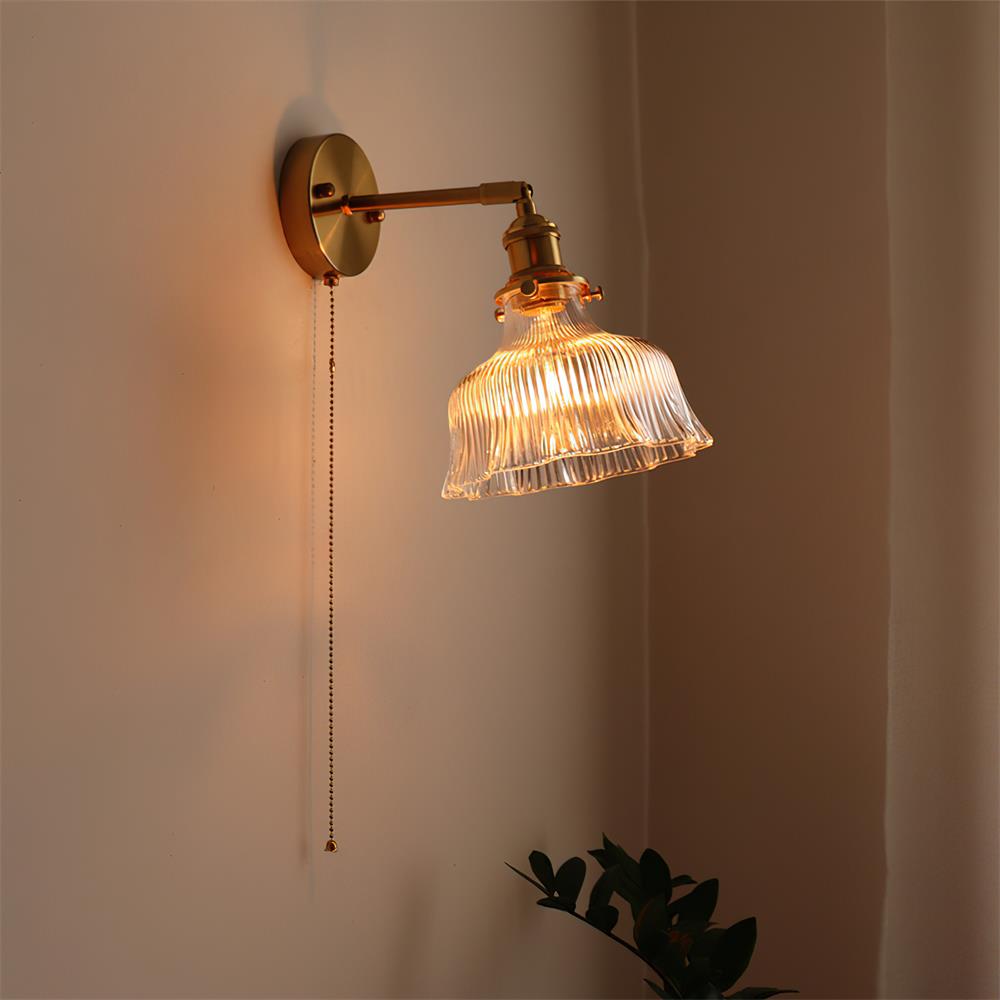 Wall Lamp Brass with Green/Clear Glass Shade and Pull Chain - Letslighting