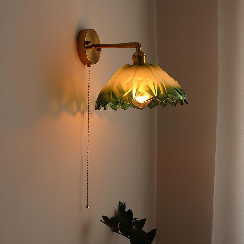 Wall Lamp Brass with Green/Clear Glass Shade and Pull Chain - Letslighting
