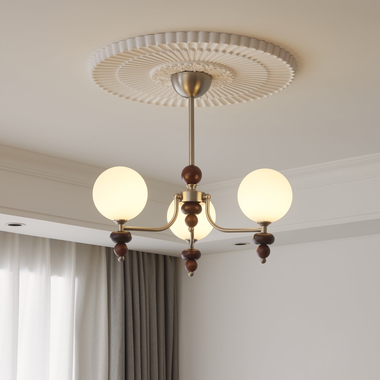 Cemarus Traditional Sphere Walnut Wood Glass Chandelier - Letslighting