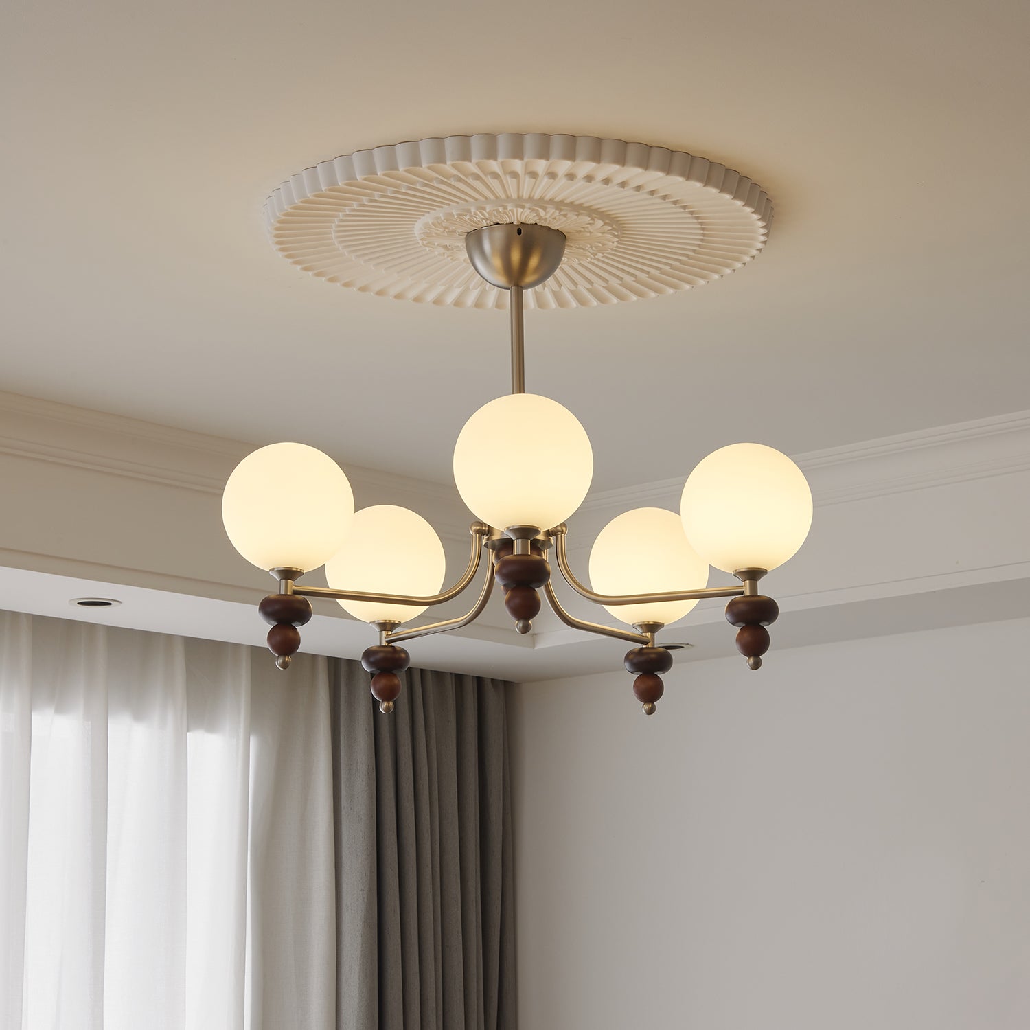 Cemarus Traditional Sphere Walnut Wood Glass Chandelier - Letslighting