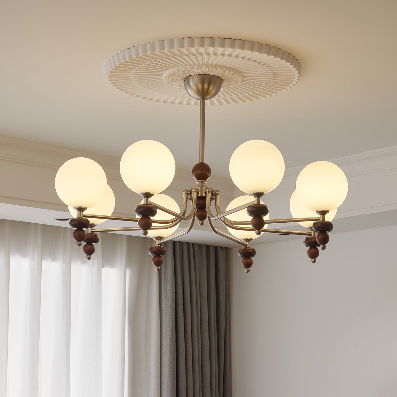 Cemarus Traditional Sphere Walnut Wood Glass Chandelier - Letslighting