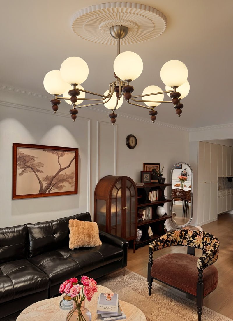 Cemarus Traditional Sphere Walnut Wood Glass Chandelier - Letslighting