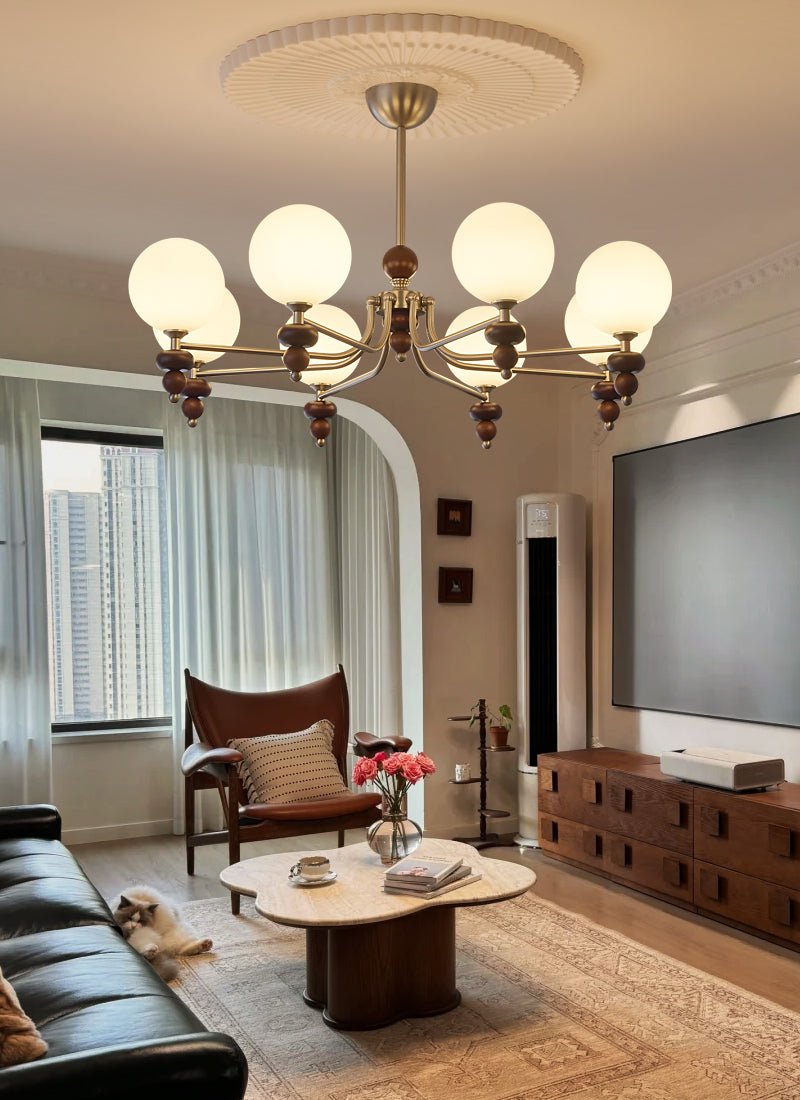 Cemarus Traditional Sphere Walnut Wood Glass Chandelier - Letslighting