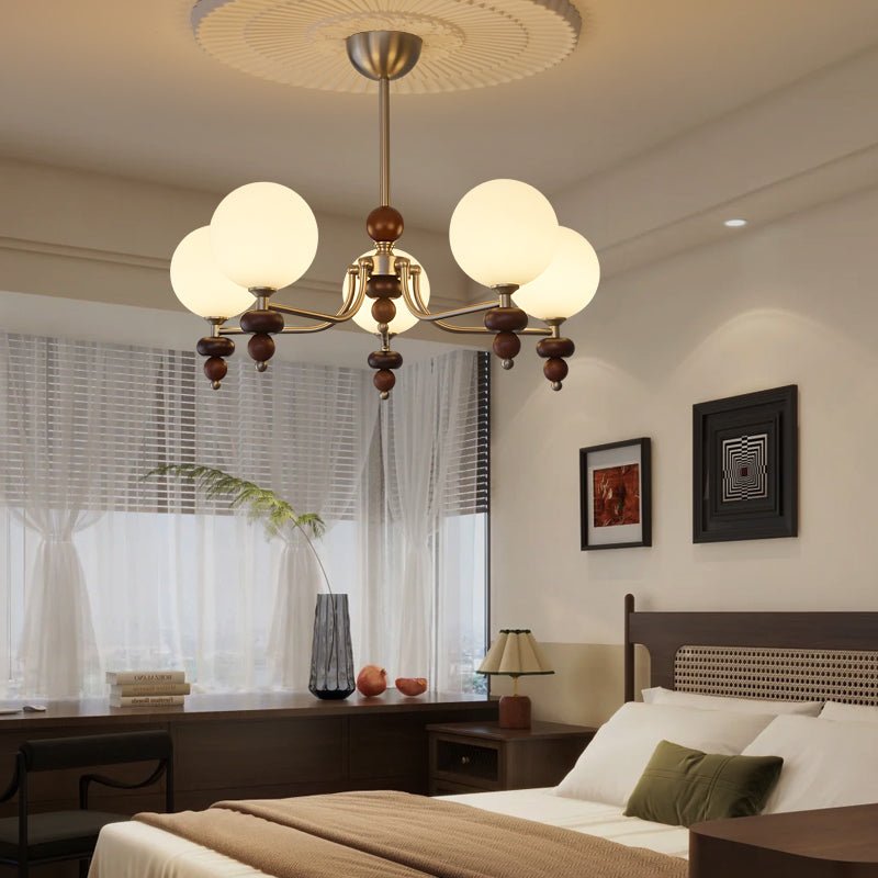Cemarus Traditional Sphere Walnut Wood Glass Chandelier - Letslighting