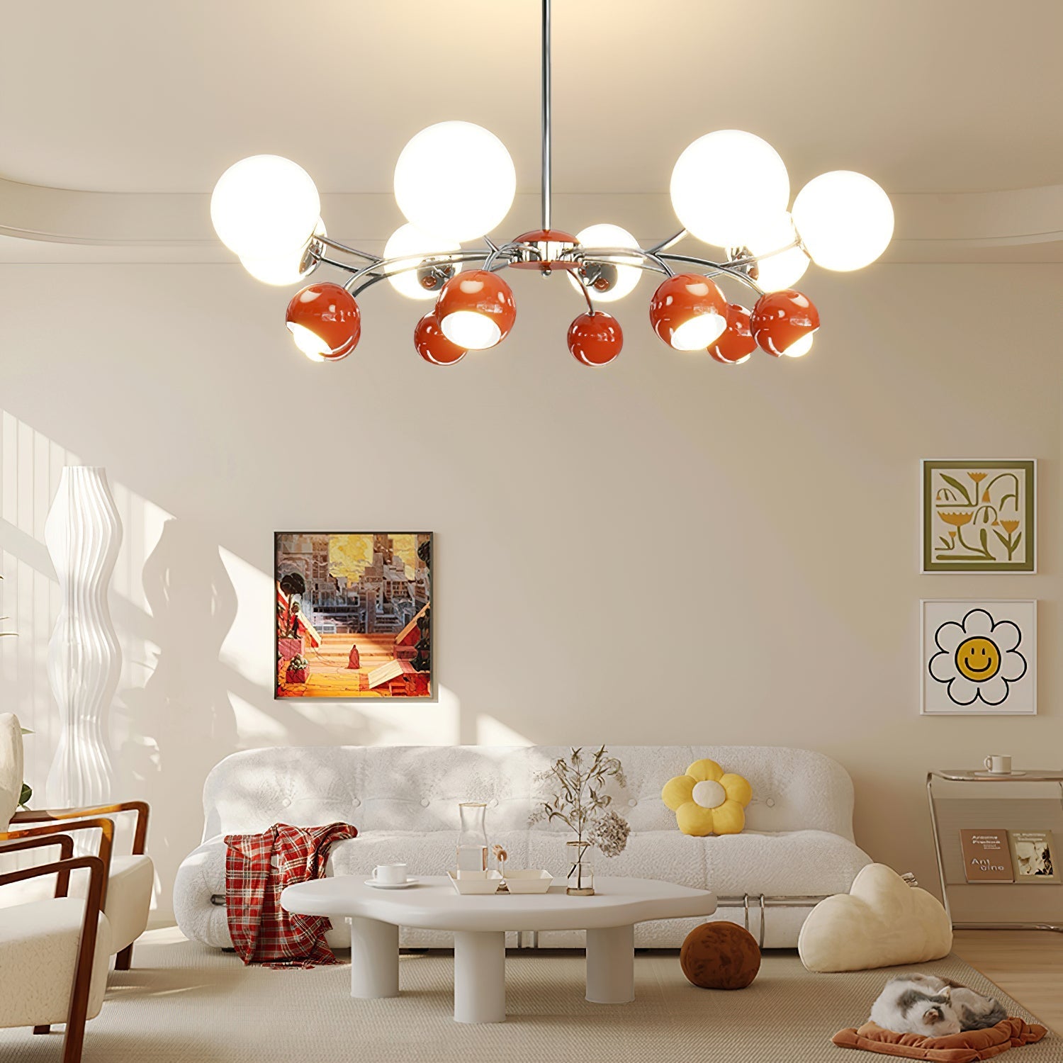 Lustra Chandelier Chrome Red Cream Globe - Letslighting