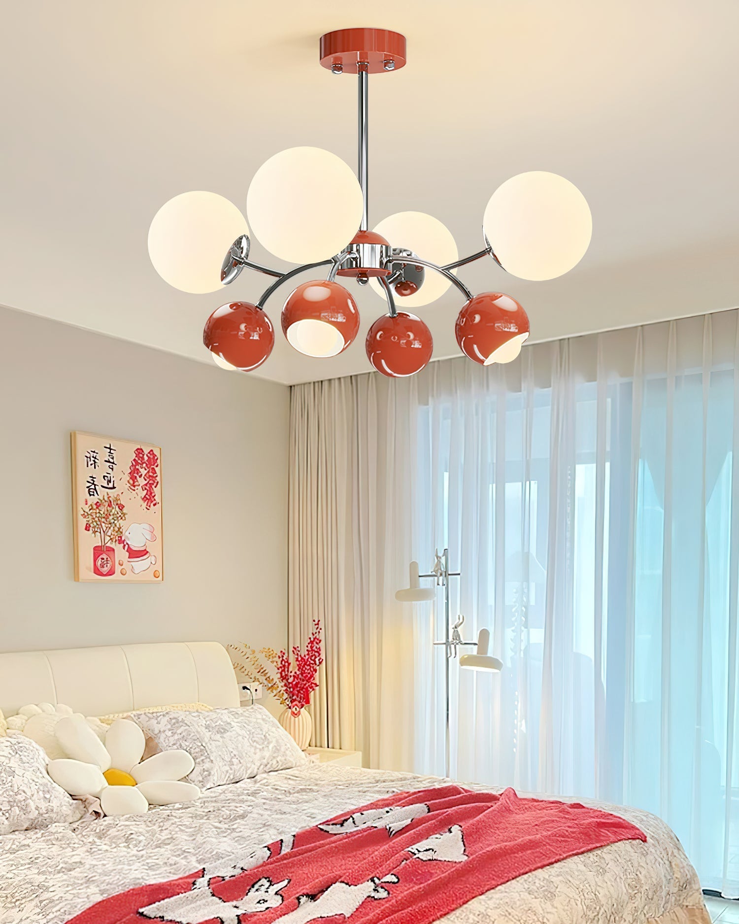 Lustra Chandelier Chrome Red Cream Globe - Letslighting