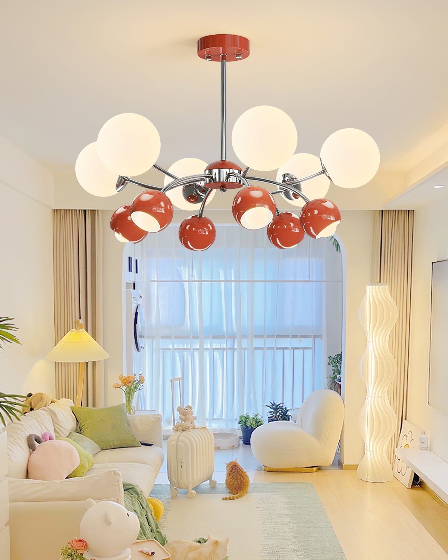 Lustra Chandelier Chrome Red Cream Globe - Letslighting