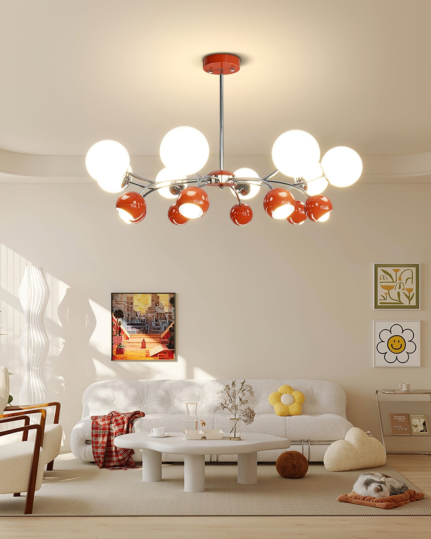 Lustra Chandelier Chrome Red Cream Globe - Letslighting