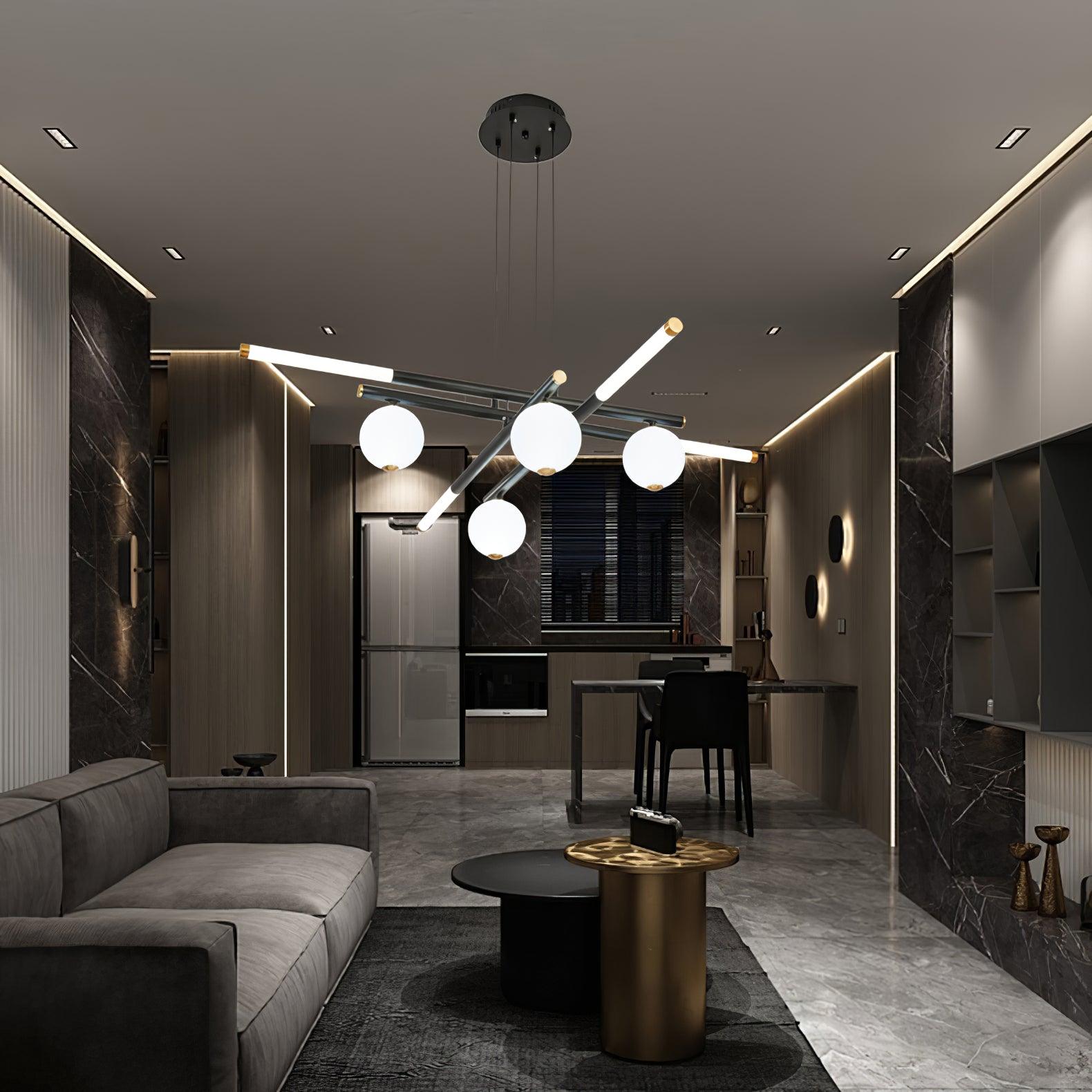 Chandelier Black White Rods and Globe Modern - Letslighting