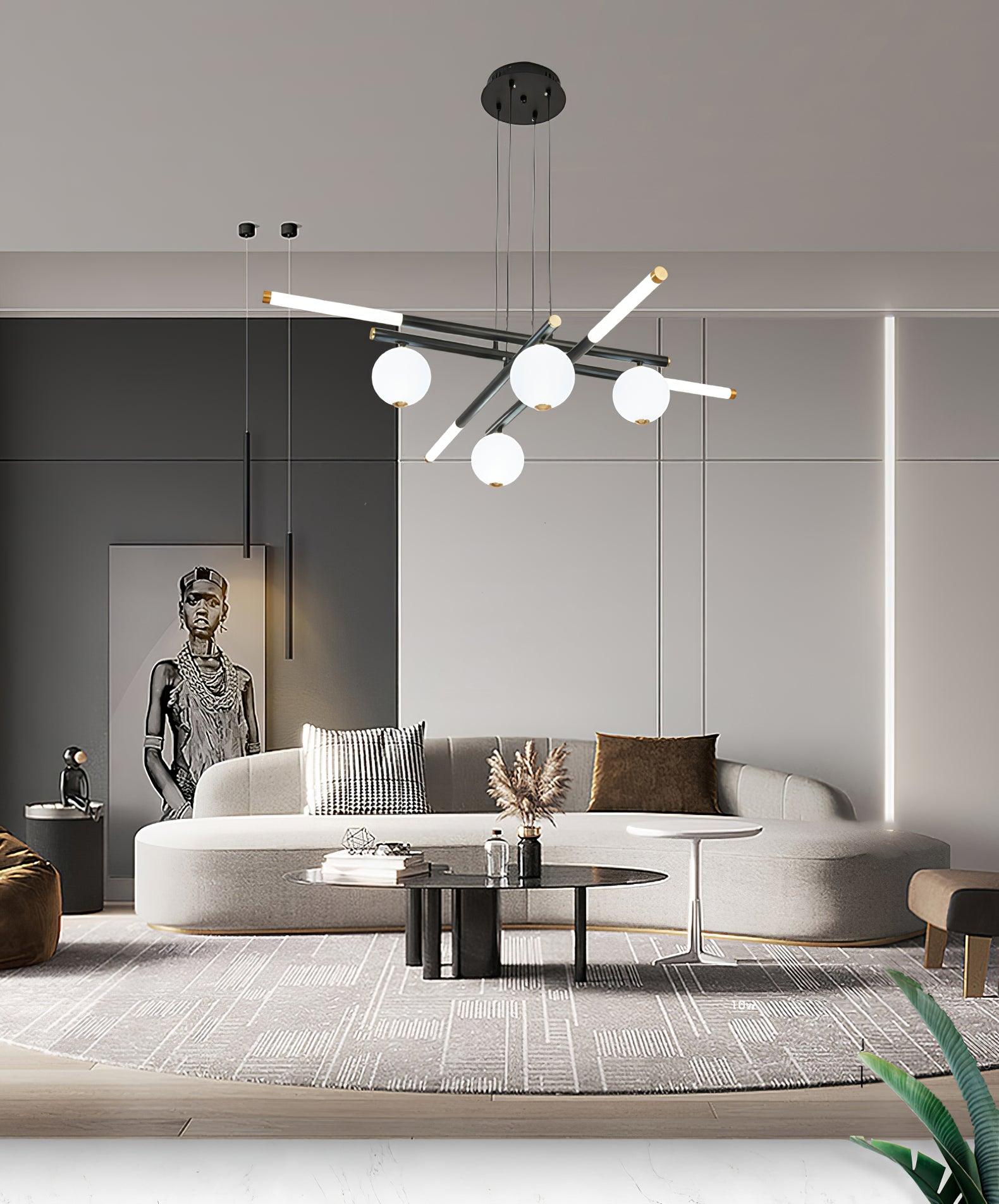 Chandelier Black White Rods and Globe Modern - Letslighting