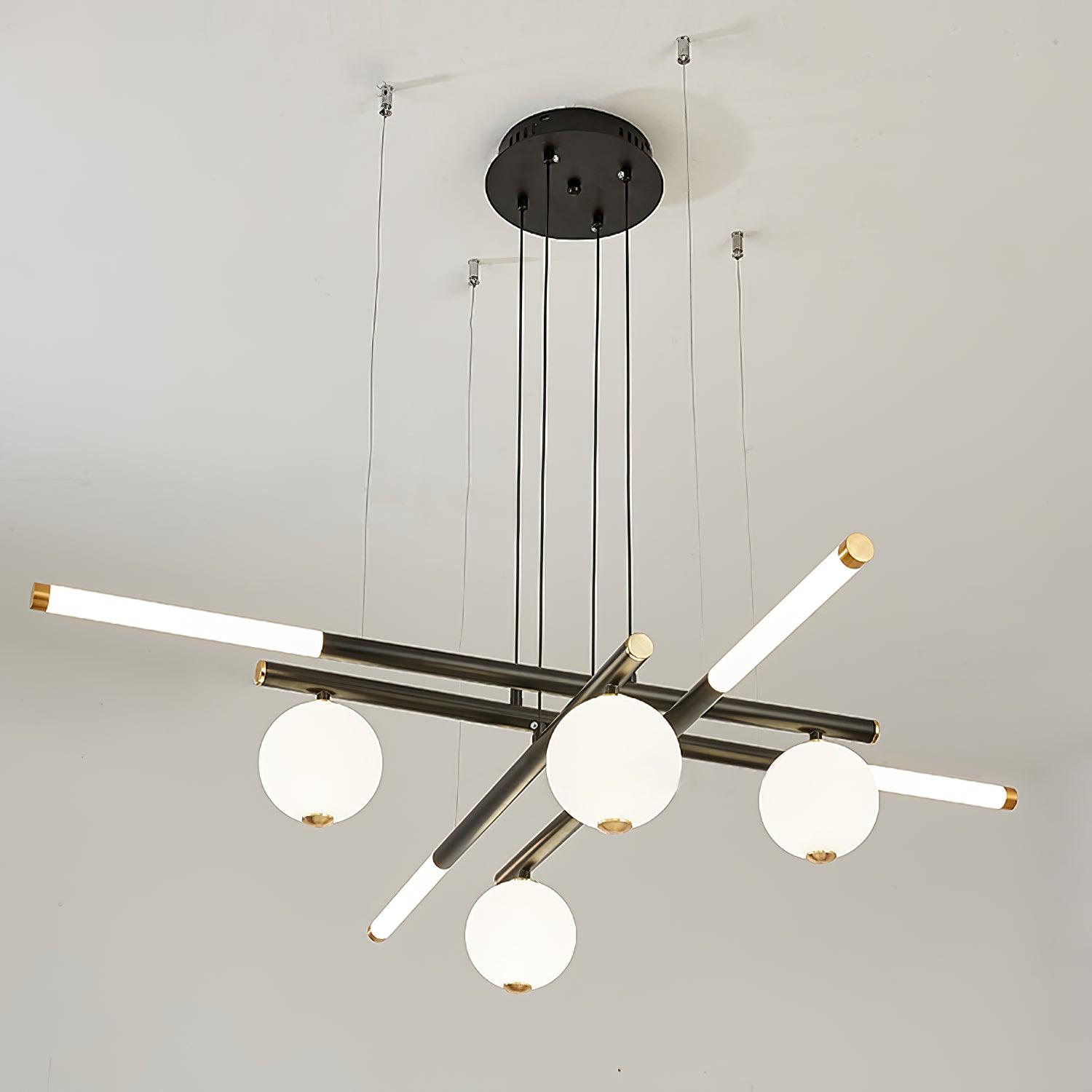 Chandelier Black White Rods and Globe Modern - Letslighting