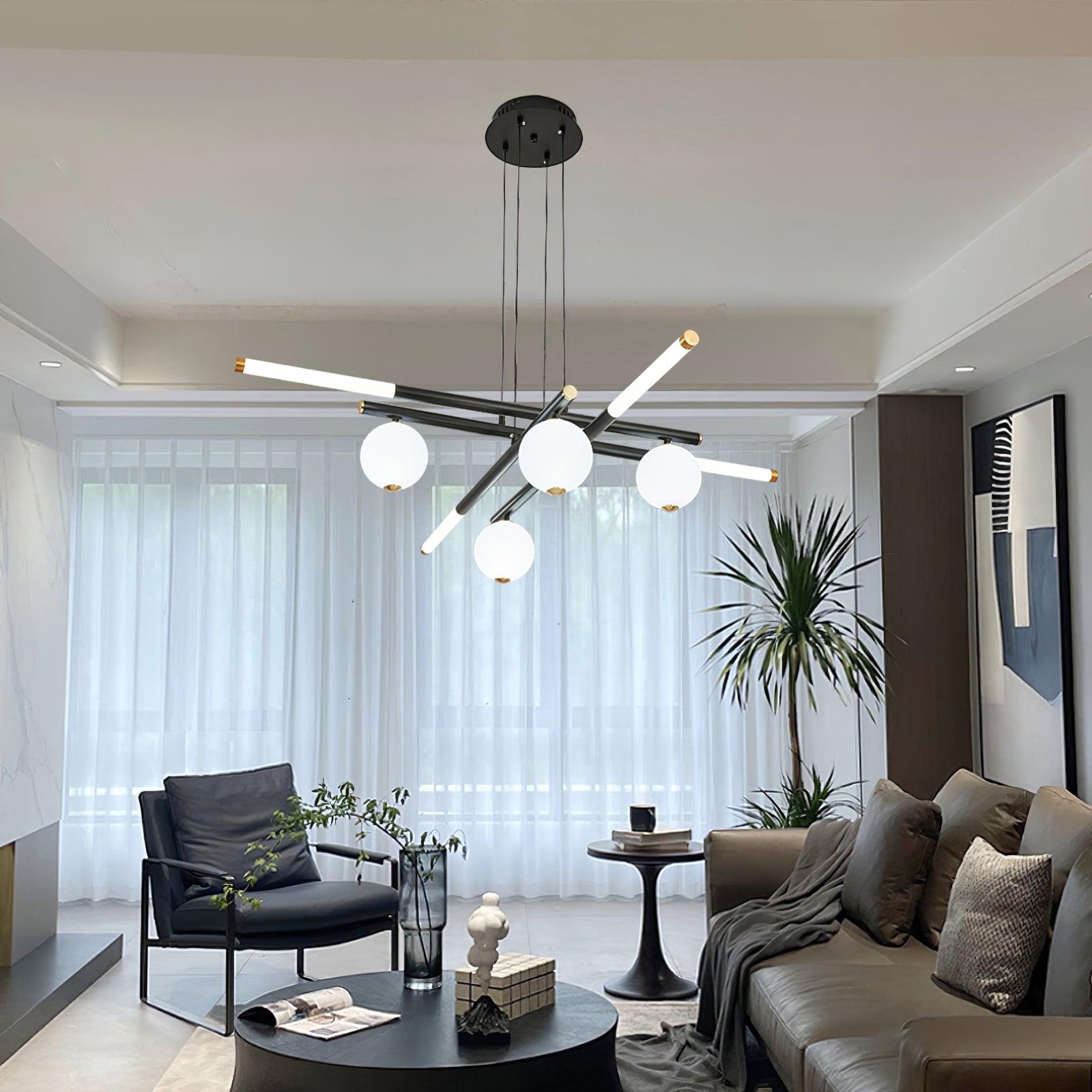 Chandelier Black White Rods and Globe Modern - Letslighting