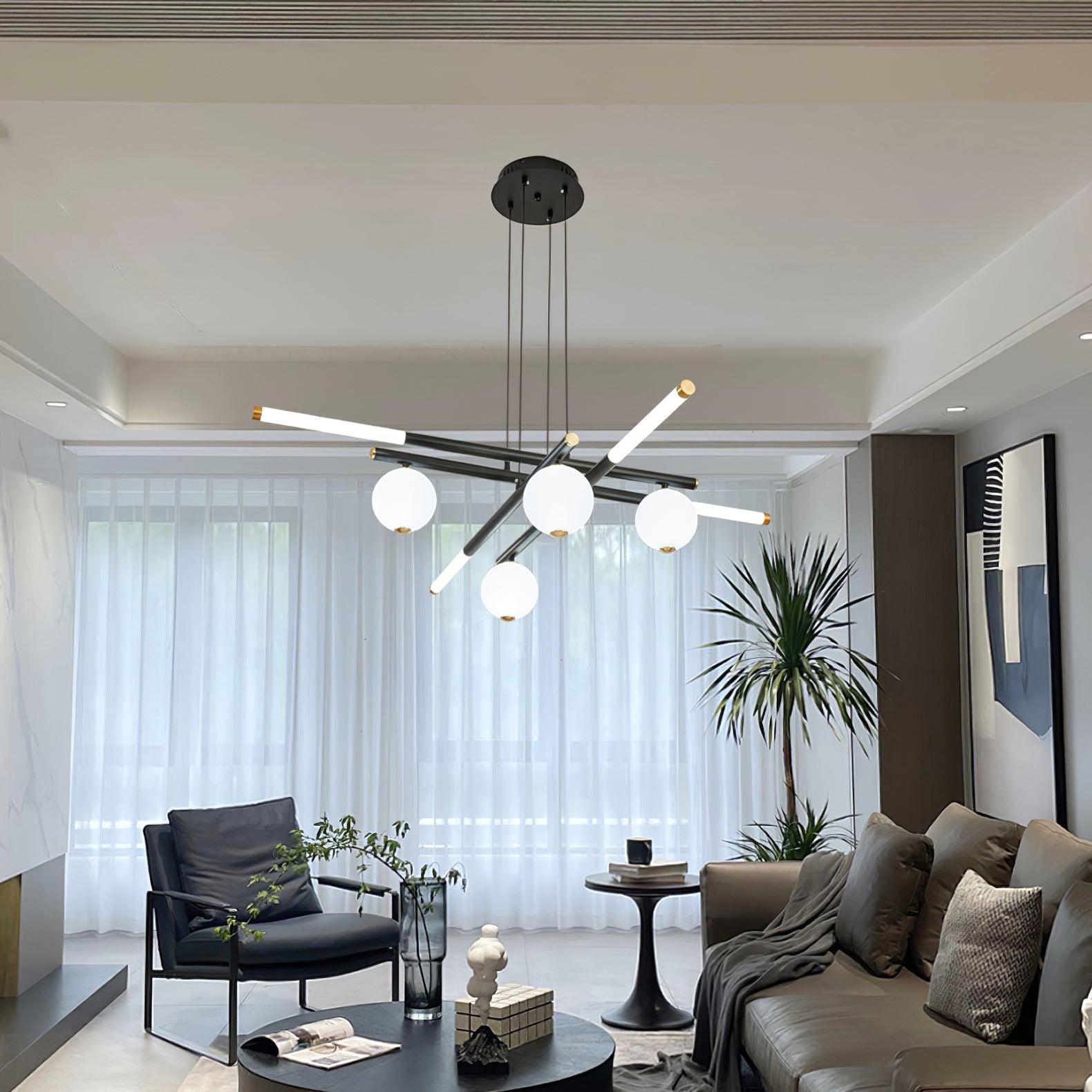 Chandelier Black White Rods and Globe Modern - Letslighting