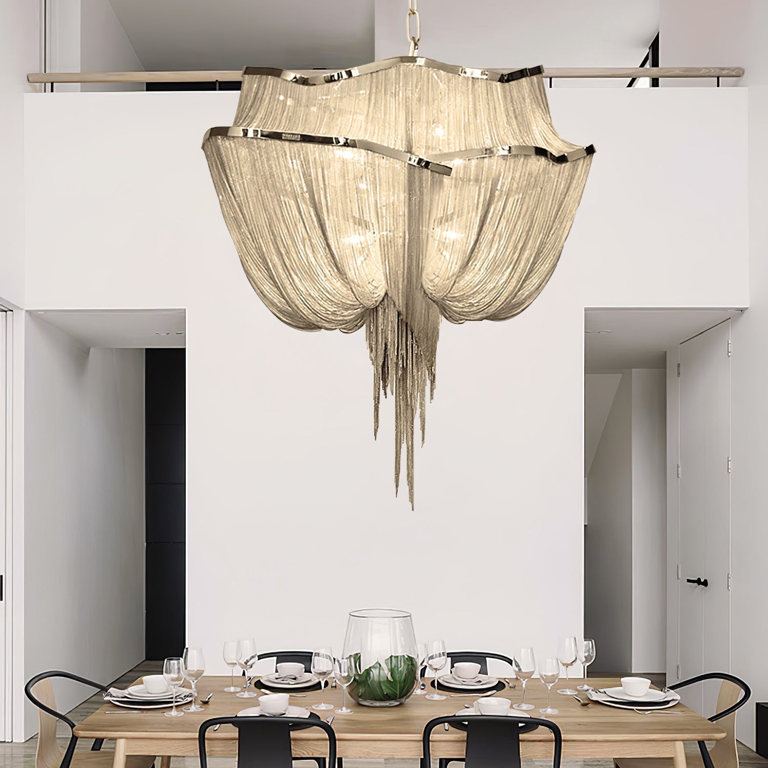 Lustra Chandelier Aluminum Chains Shimmering Nickel - Letslighting