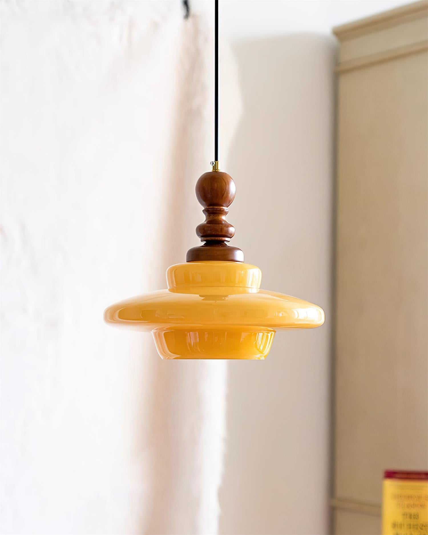 Pendant Lamp Yellow Glass with Walnut Wood Accent Retro - Letslighting