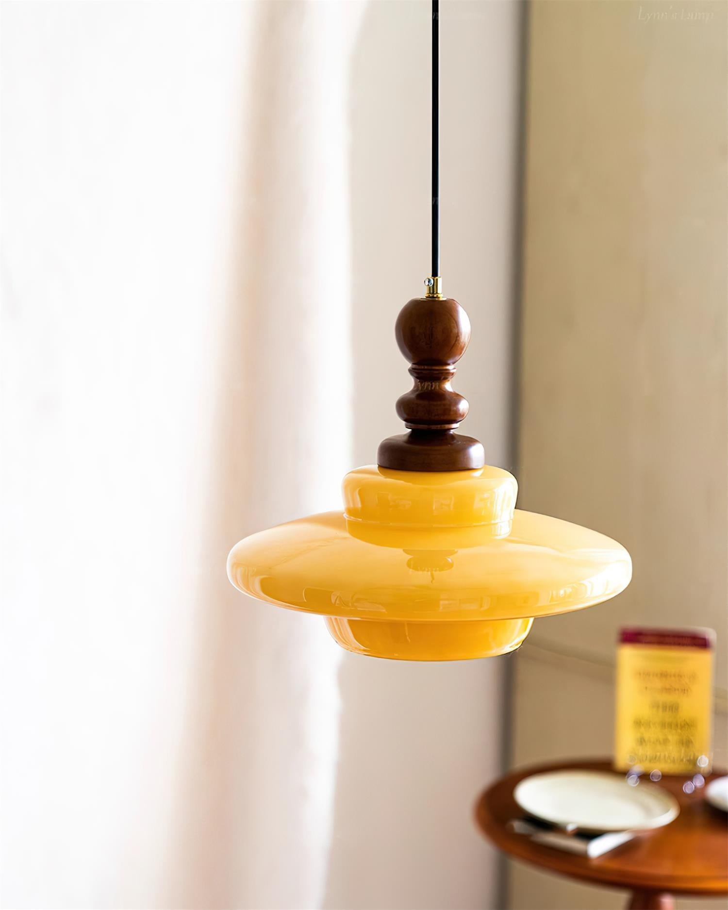 Pendant Lamp Yellow Glass with Walnut Wood Accent Retro - Letslighting