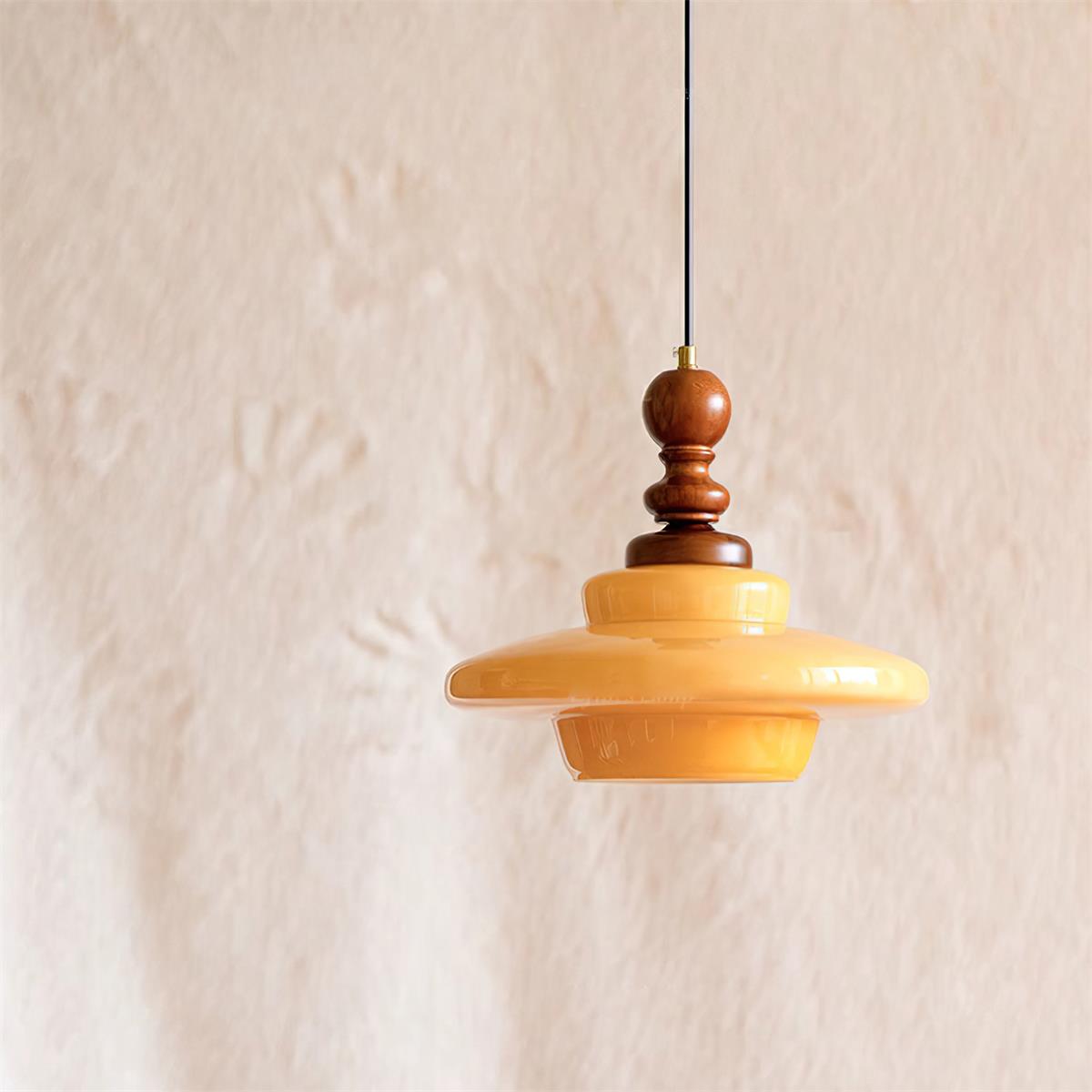 Pendant Lamp Yellow Glass with Walnut Wood Accent Retro - Letslighting